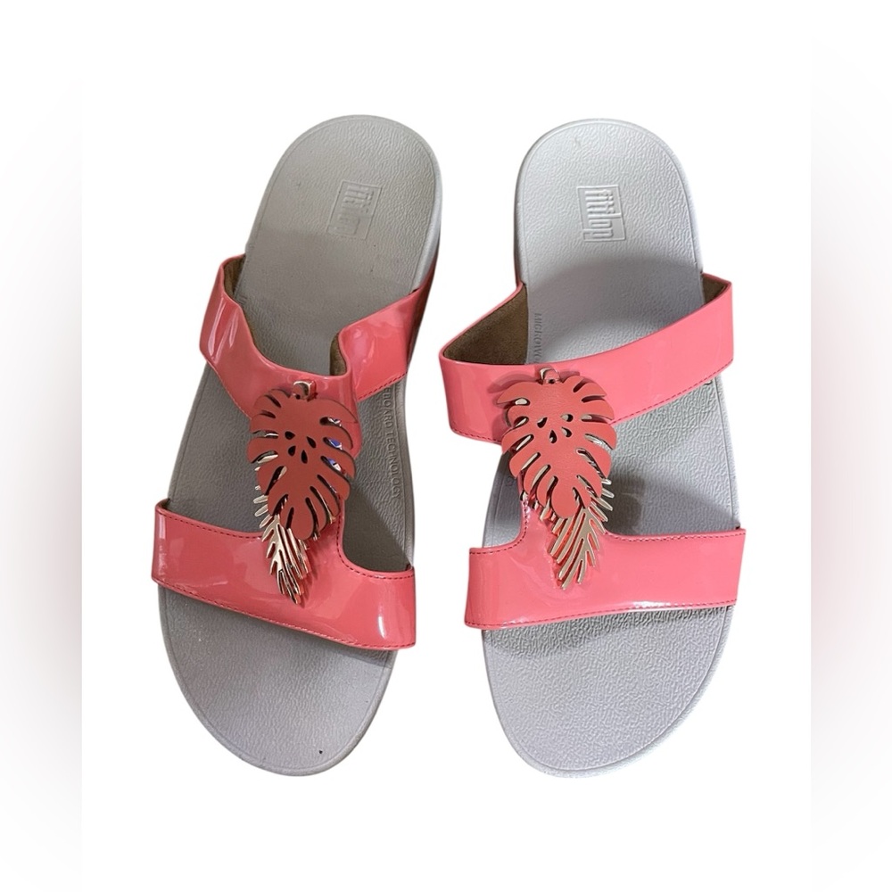 Fitflop Coral Lottie Jungle Leaf Patent Slide Sandal US 9